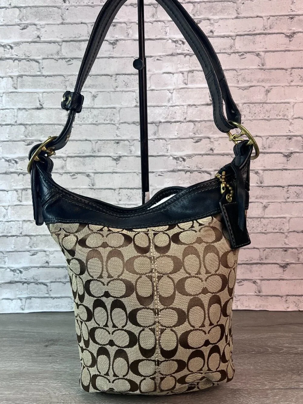 Coach 11437 Bleecker Brown Canvas Black Leather Bucket Crossbody